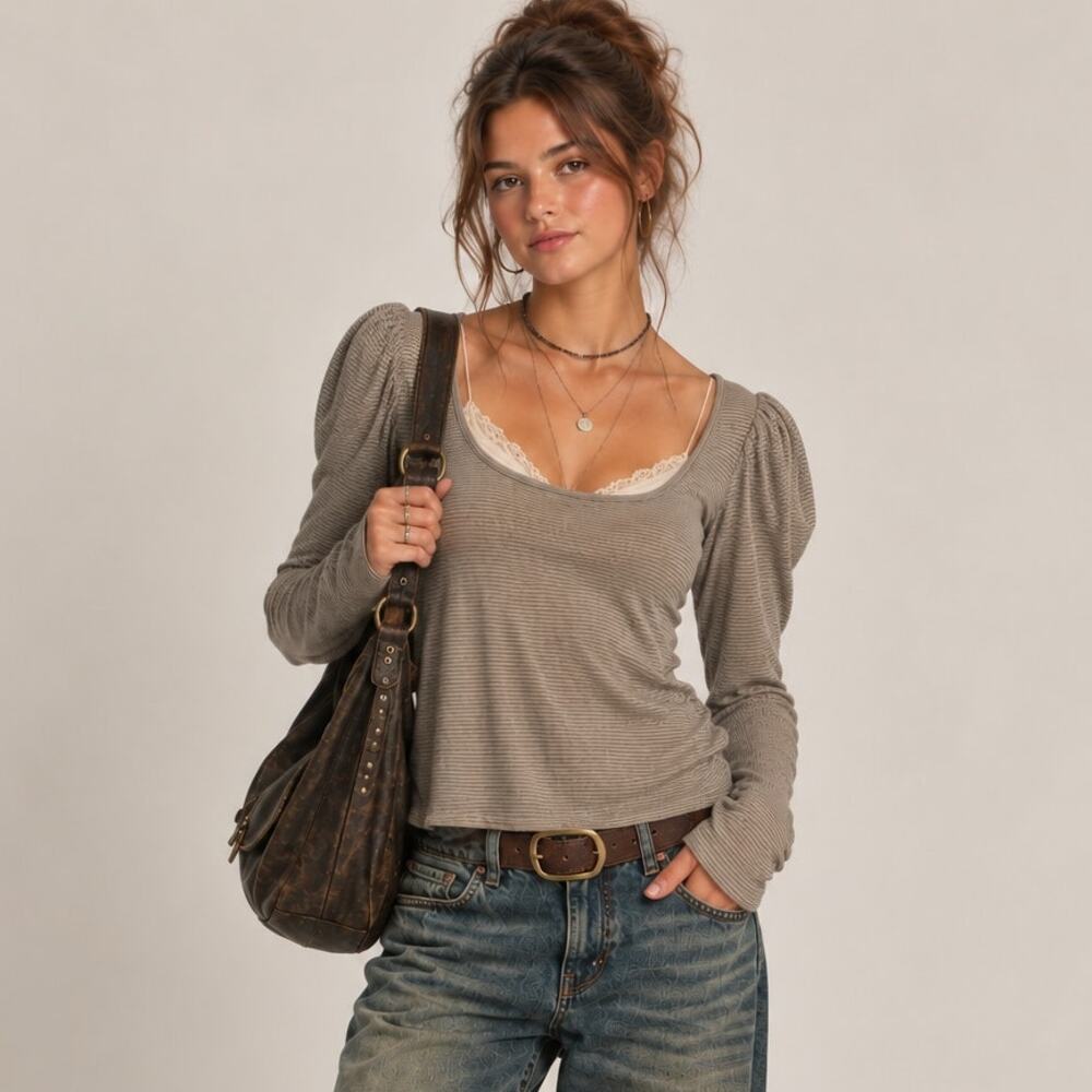 Free People Penelope Striped Puff Sleeve Top Small Tan White Cottage Boho Grunge